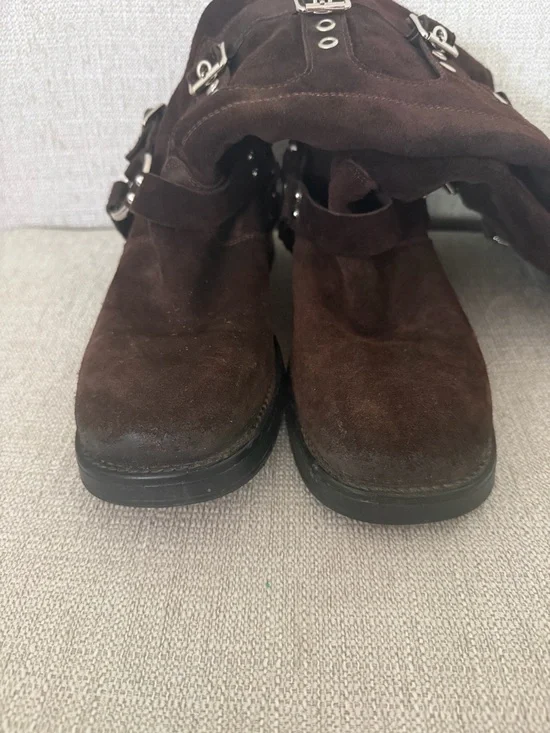 Steve Madden Brocks Chocolate Brown Suede Buckle Slouch Mid-Calf Moto Boots - Picture 9 of 12